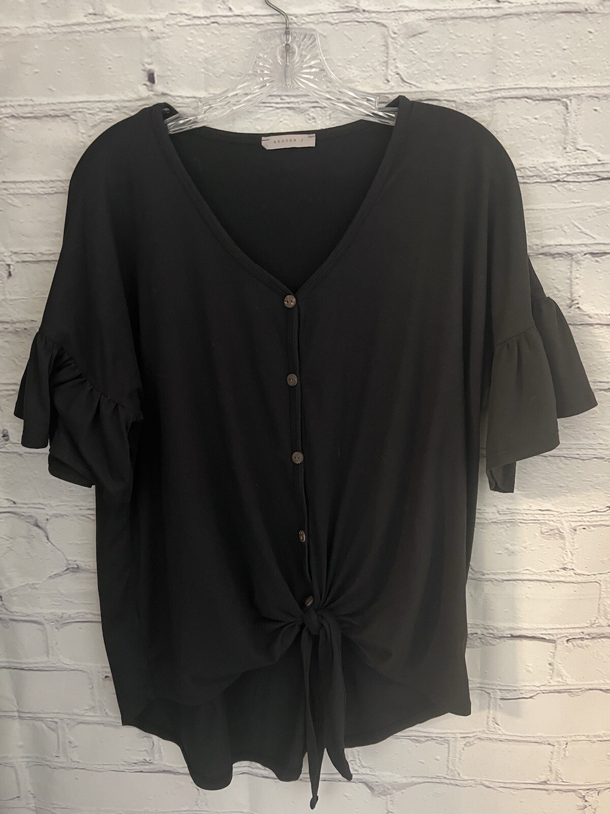Reborn J Solid Black Button Front V-Neck SUPER SO… - image 1