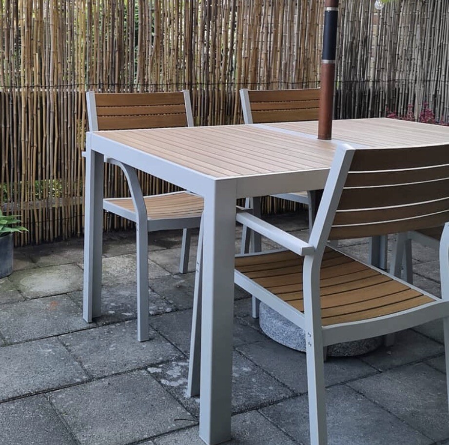 IKEA SJ&Auml;LLAND Table And 4 CHAIRS Outdoor Armchairs in Light Gray Light Brown