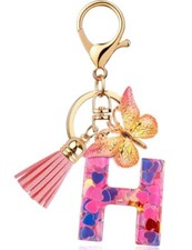Initial Letter Keychain for Women Butterfly Tassel Resin Keychain Wallet Pink H