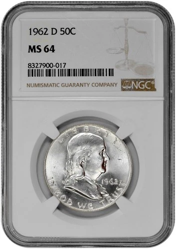 1962 D 50C Silver Franklin Half Dollar NGC MS 64 with New Holder