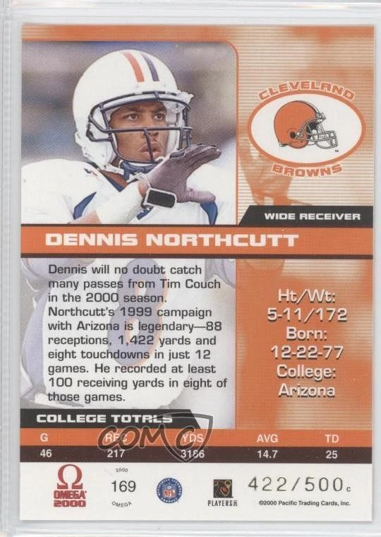 2000 Pacific Omega Rookie /500 Dennis Northcutt #169 Rookie RC - Image 2 of 2