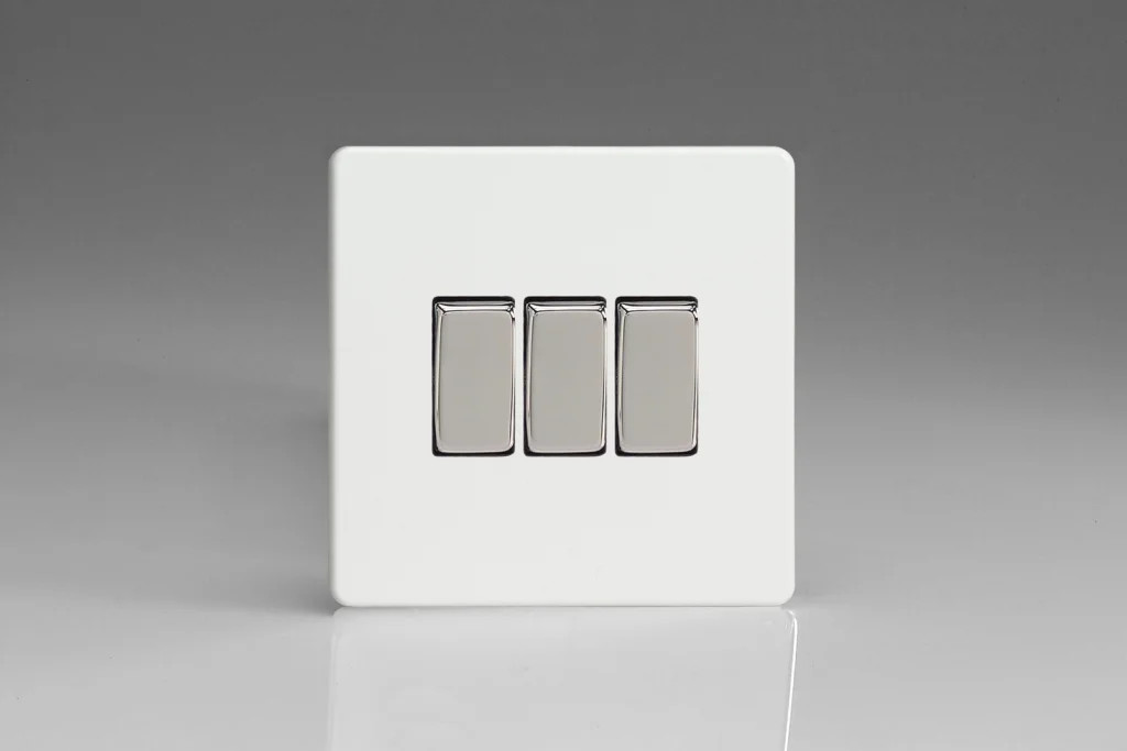 Switch White Triple Light 10A 3-Gang 2-Way Screwless Premium + Chrome Insert
