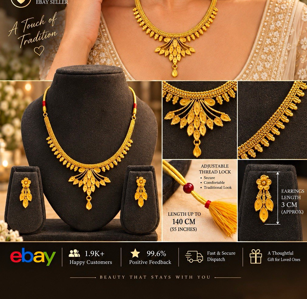 Indian Gold Plated Necklace Earrings Set Leaf Pendant Asian Bridal Wedding Jew