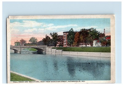 Vintage Postcard Fall Creek Boulevard Bridge Water View Indianapolis IN