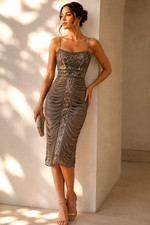 Sue Wong Nocturne Beaded Ruched Cocktail Dress Taupe Sequin Mesh Bodycon 6