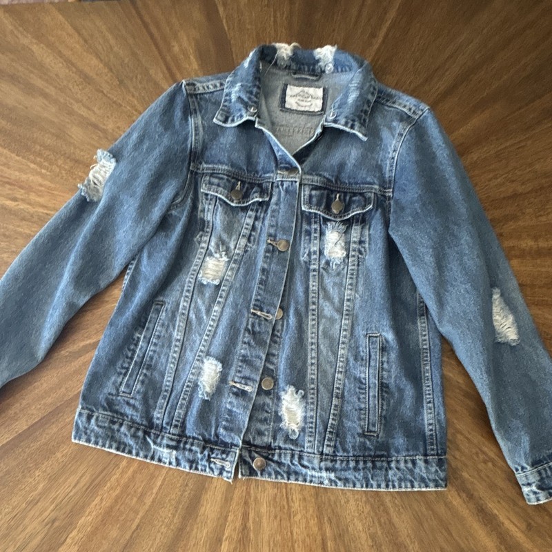 American Bazi Women's Distressed Denim Jacket, Pockets, S (26” L 18” W)