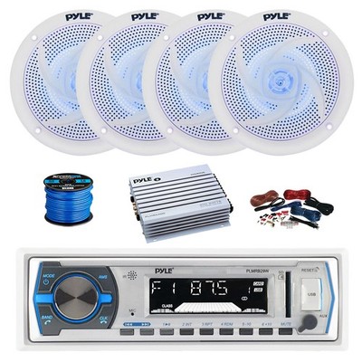Pyle BT Marine MP3 Receiver, Amp w/Kit, 4X 6.5'' 240W LED White Speakers,Wire