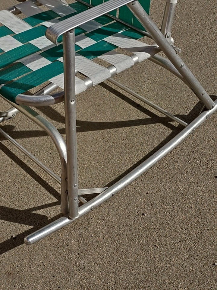 Vintage Aluminum Lawn ROCKING CHAIR Foldable Newly Webbed Green White ...