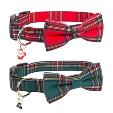PTDECOR Christmas Dog Collar with Bow, Adjustable Xmas Plaid Pet with Removable