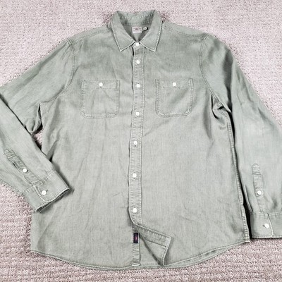 Faherty Brand Shirt Mens (L) Tried & True Chambray Workshirt Olive Green Linen