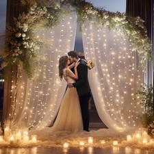 White Tulle Backdrop Curtain with Lights String, 10FT x 8FT Sheer Backdrop