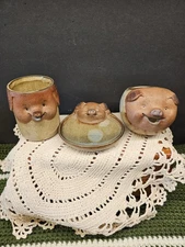 UCTCI Japan, Pottery Pig Soap Dish, Cup And Dish, Bathroom Or Kitchen,Earthtones
