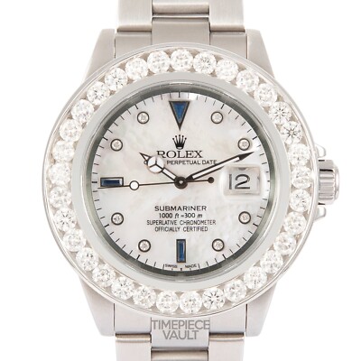 ROLEX SUBMARINER 16610 S/STEEL 40MM WATCH 5CT DIAMOND BEZEL WHITE