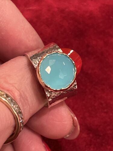 YAM Sterling 14k Aquamarine Or Amazonite Hammered Band Ring size 7 Mod Fab! Blue - Picture 13 of 13