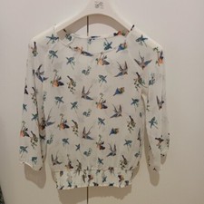 Maglia manica lunga leggera bianca trasparente con stampa uccellini S/M