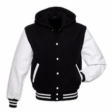 New Black White Wool Real Varsity Letterman College Hoodie Jacket Leather Sleeve