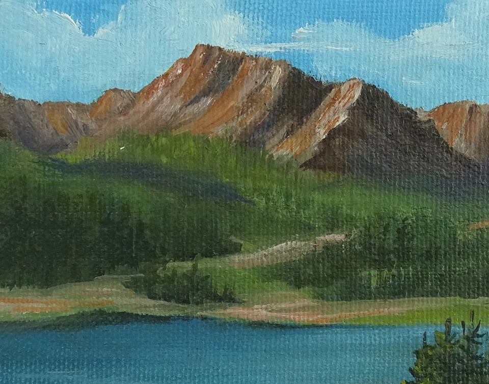 Vintage Miniature Signed Oil Painting Western Landscape O/C Mountains Lake Trees - Image 3 of 4