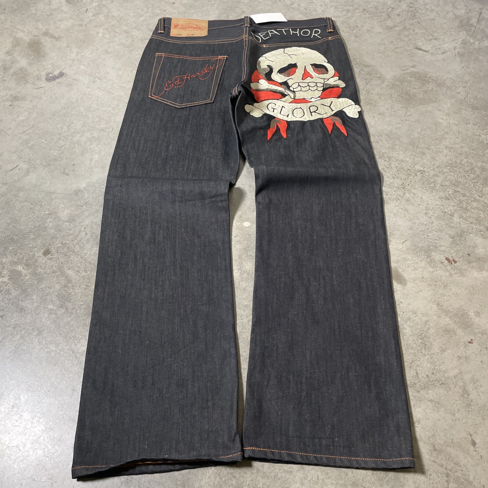 Ed Hardy Embroidered Dark Wash Denim Jeans Skull Size 36 Tattoo Gory Baggy Y2K