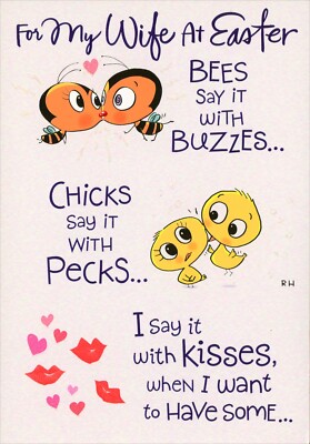 Cute EASTER Card FOR WIFE, Bees Chicks Kisses Candy Cartoon Bunny by Hallmark + 