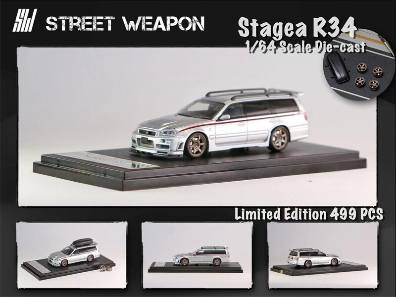 Street Weapon 1:64 Stagea R34 w/Roofbox & Extra Wheels Diecast