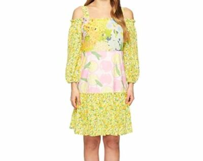 $798 Boutique Moschino Women's Yellow Printed Cold Shoulder A-Line Dress Sz US 8