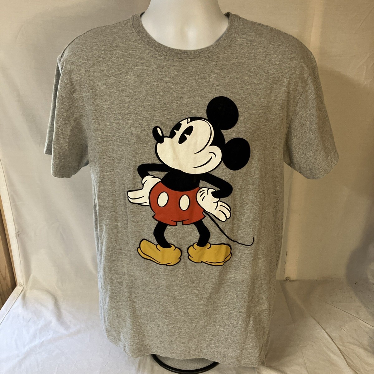 Disney Mickey Mouse Mens T-Shirt Large Gray Felt Trim Cotton Blend
