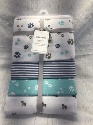 Carters 4 Pack Baby Receiving Blanket Animal Print Blue Gray White Paws Puppy 