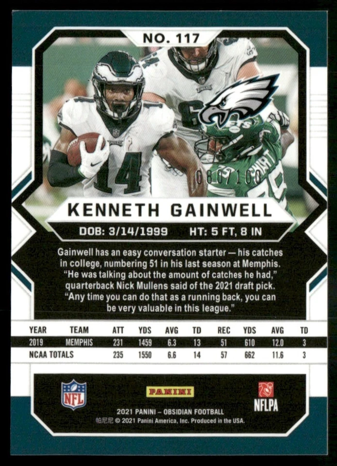 2021 Panini Obsidian Electric Etch Purple Rookie 80/100 Kenneth Gainwell TS7 - Image 2 of 2