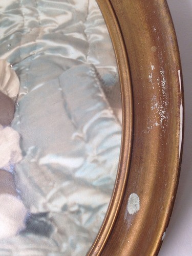Vintage Oval Photograph Of Baby On Blue Satin Damaged Gilt Frame 1942 WWII Era - Picture 5 of 9