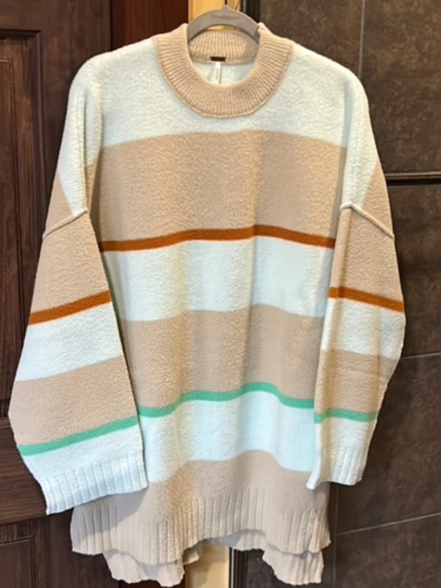 Free People Peaches Stripe Tunic Sweater in Iced Oat Milk Combo UK M 12 14  16