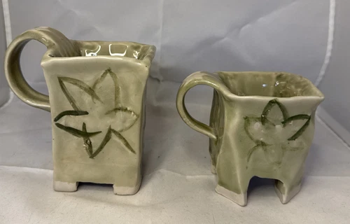 VTG 90s Studio Pottery Square Footed Hand Made 2 Mug/Cup Set Hand Painted 1998