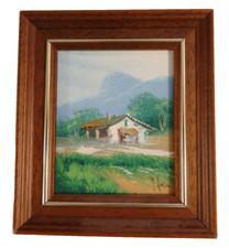 Miniatür-Olbild Hütte Gebirge Signiert Holzrahmen B/H: 14,5 x 16,5 cm