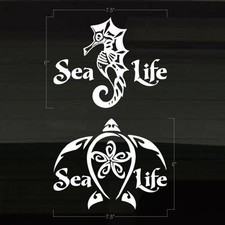 SeaLife Turtle Seahorse Sea Horse Ocean Marine Life  2 WHITE Decal Stickers 7"