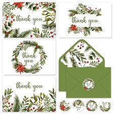 32 Packs Christmas Thank You Greeting Cards Watercolor Holly Berry Blank Note Ca