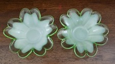 Pair Vintage Green & White Opalescent Flower Glass Dishes Ruffled Petal Bowls