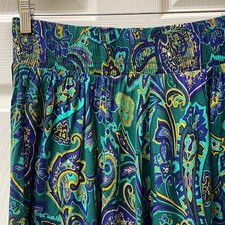 Vintage Elastic Waist Teal Paisley Tiered Pleated Full Maxi Skirt Cottagecore
