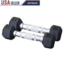 Rubber Coated Hex Dumbbell Set W/ Chrome Handles Strength Training Fitness New