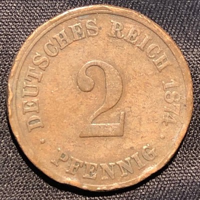 1874-H Germany 2 Pfennig Copper Coin - Scarce Date - VF (Very Fine) condition