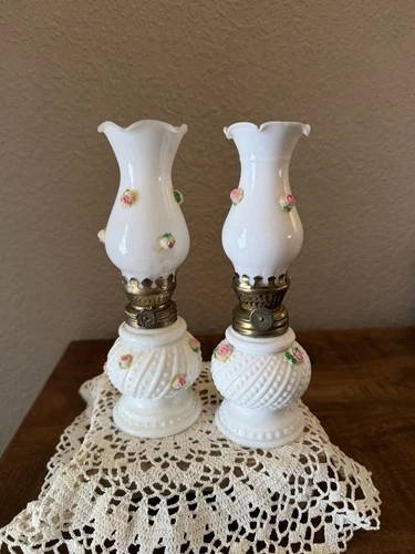 Vintage Milk Glass Hobnail Swirl Flowers Oil Lamps Set 2