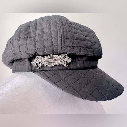Harley-Davidson Black Quilted Newsboy Cap w/ Silver Logo Detail - Picture 2 of 8