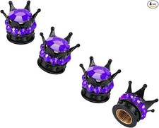 4PCS Crown Tire Valve Stem Caps, Bling Handmade Crystal Car Wheel Purple/Black