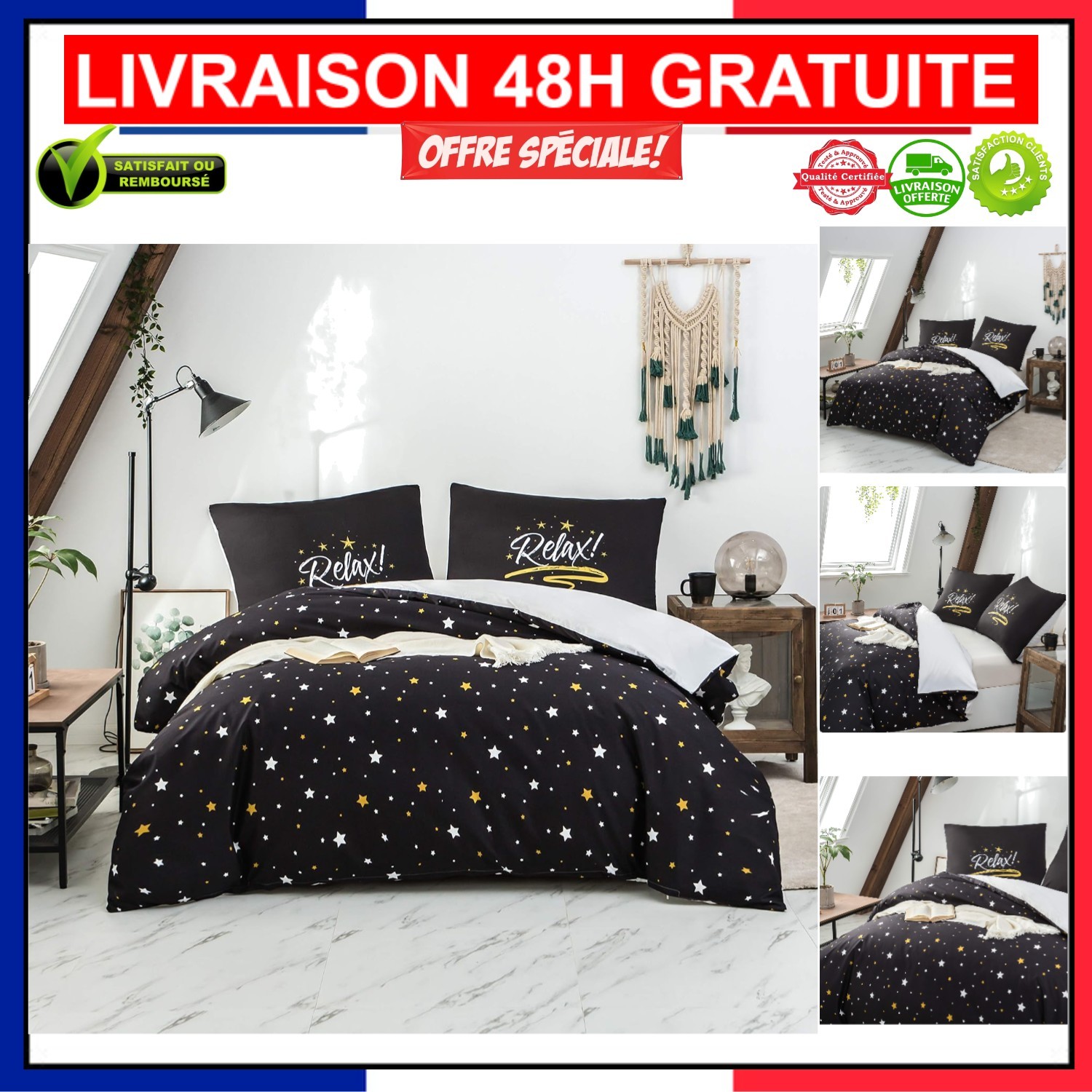 Housse de Couette 220x240 Motif Étoile Microfibre Anti Pli Parure Lit Facile Entretien Sans Repassage