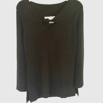 MAX STUDIO wOMEN'S SWEATER BROWN KNOT NECKLINE LONG SPLIT LEAVES AND HEM SMALL