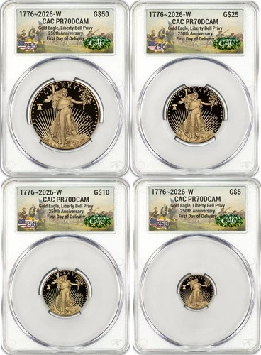 2026-W Proof Gold Eagle 250 Liberty Bell 4-Coin Set FDD CAC PR70 (1776-2026)