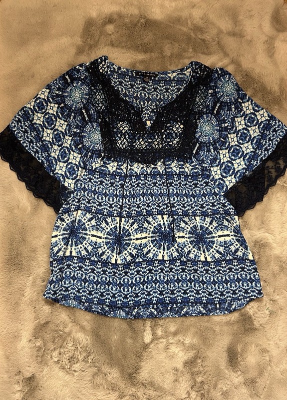 ZAC & RACHEL Boho Peasant Top Crochet & Lace Sleeve Blue Blouse SMALL