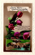 "Dearest Daughter...," Verse, Color Real Photo. Tulips, Cows. Gelatin Postcard