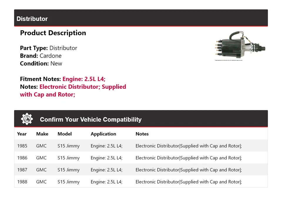 Para 1985-1988 GMC S15 Jimmy 2,5 L L4 Distribuidor Cardone 1986 1987 Foto 2 de 4