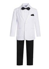 BLACK  WHITE Boys Slim Fit Tuxedo suit 5pc set coat,vest,pant,shirt,bow tie