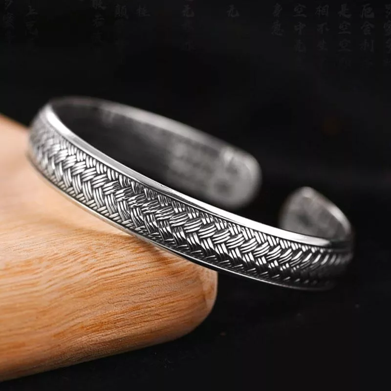 925 Sterling Silver Bracelet Pattern Scripture Cuff Men Retro Hand