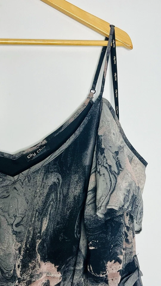 City Chic Plus Size XL 22 Women's Dress Grey Pink Black Marble Sheer Maxi & Belt - image 4 of 4